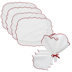 Decotique Gia Teeservice, 4 Tischsets + 4 Servietten, Weiß/ Burgunder